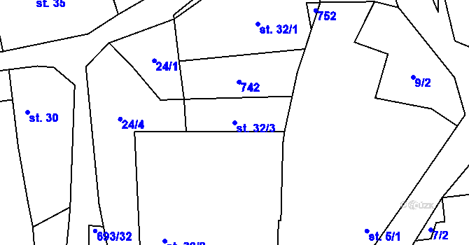 Parcela st. 32/3 v KÚ Vrbice u Mšeného-lázní, Katastrální mapa