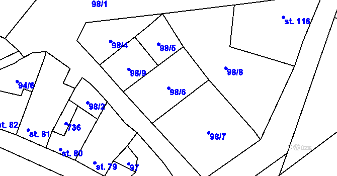 Parcela st. 98/6 v KÚ Vrbice u Mšeného-lázní, Katastrální mapa