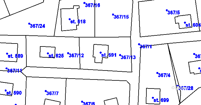 Parcela st. 591 v KÚ Mšeno, Katastrální mapa