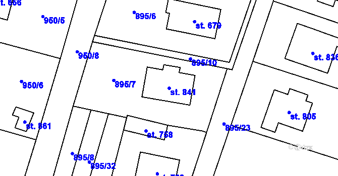 Parcela st. 841 v KÚ Mšeno, Katastrální mapa