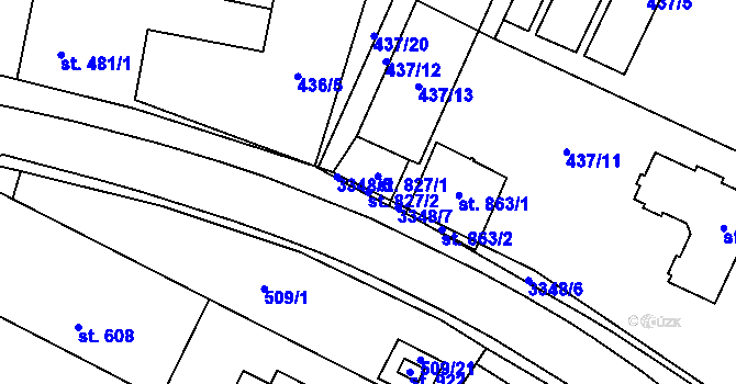 Parcela st. 827/2 v KÚ Mšeno, Katastrální mapa