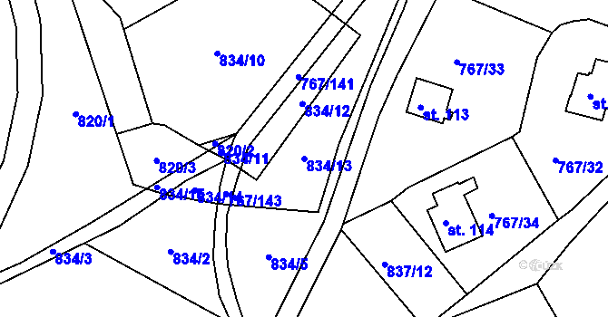 Parcela st. 834/13 v KÚ Mukov, Katastrální mapa