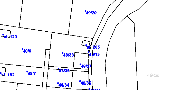 Parcela st. 205 v KÚ Mutěnice u Strakonic, Katastrální mapa