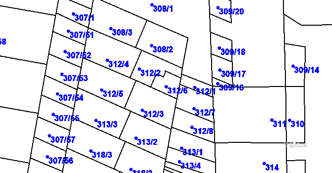 Parcela st. 312/6 v KÚ Mutěnice, Katastrální mapa