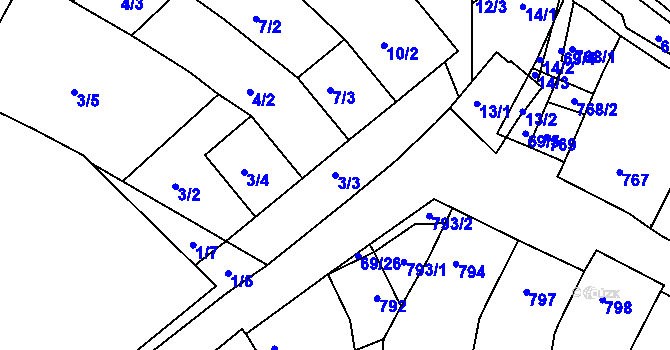 Parcela st. 3/3 v KÚ Mutěnice, Katastrální mapa
