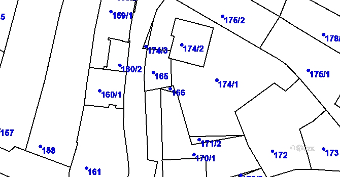 Parcela st. 166 v KÚ Mutěnice, Katastrální mapa