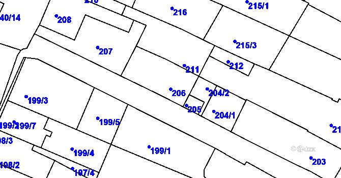 Parcela st. 206 v KÚ Mutěnice, Katastrální mapa