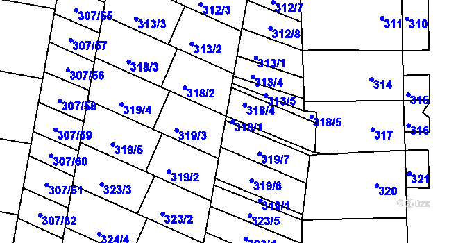 Parcela st. 318/1 v KÚ Mutěnice, Katastrální mapa