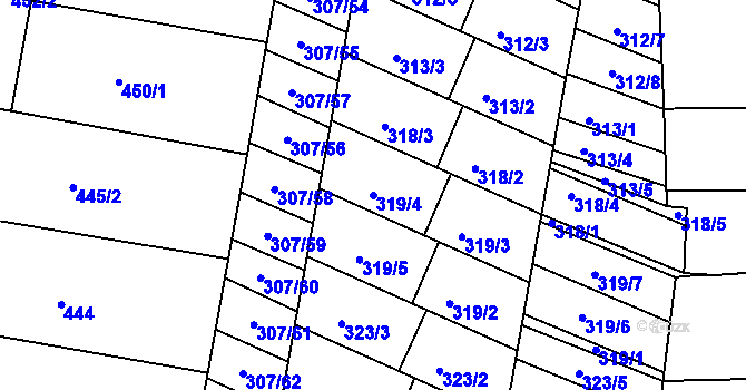 Parcela st. 319/4 v KÚ Mutěnice, Katastrální mapa