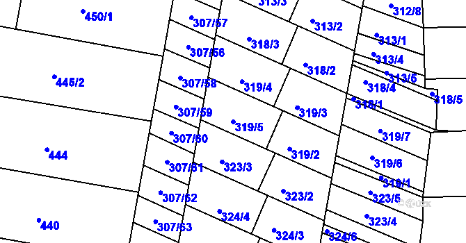 Parcela st. 319/5 v KÚ Mutěnice, Katastrální mapa