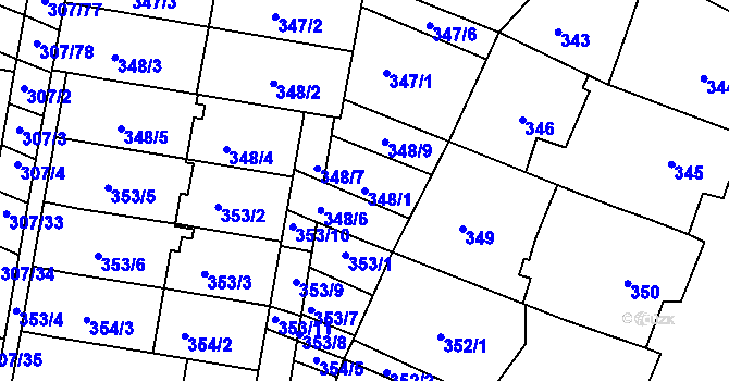 Parcela st. 348/1 v KÚ Mutěnice, Katastrální mapa