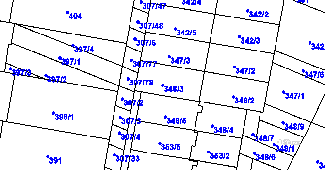Parcela st. 348/3 v KÚ Mutěnice, Katastrální mapa