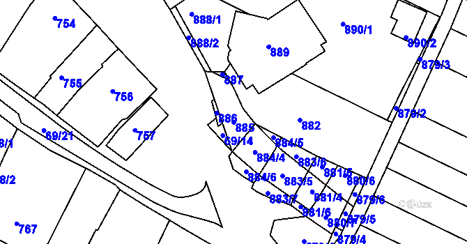 Parcela st. 885 v KÚ Mutěnice, Katastrální mapa