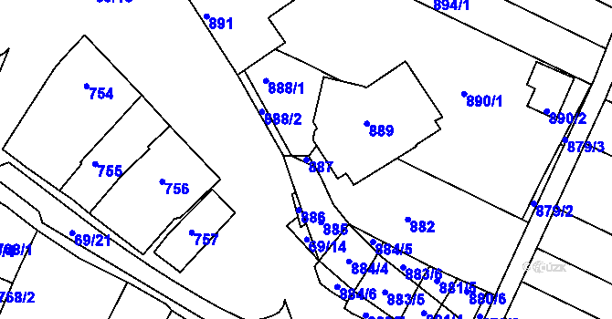 Parcela st. 887 v KÚ Mutěnice, Katastrální mapa