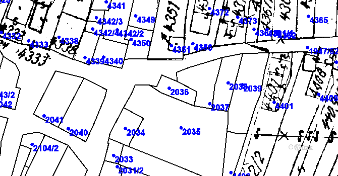 Parcela st. 2036 v KÚ Mutěnice, Katastrální mapa