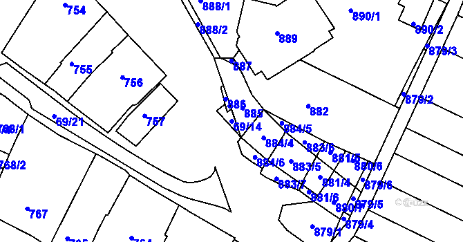 Parcela st. 69/14 v KÚ Mutěnice, Katastrální mapa