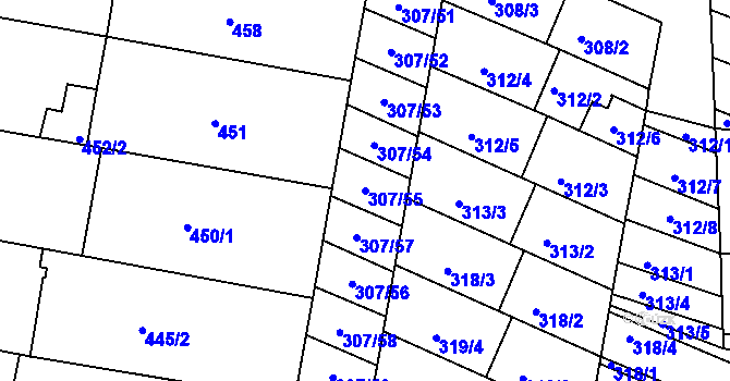 Parcela st. 307/55 v KÚ Mutěnice, Katastrální mapa