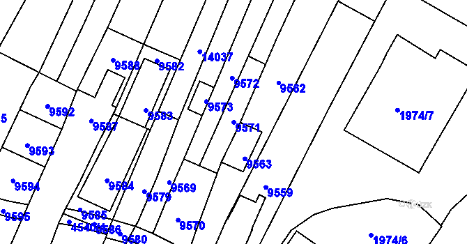 Parcela st. 9571 v KÚ Mutěnice, Katastrální mapa