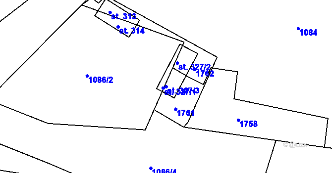 Parcela st. 327/3 v KÚ Mutěnín, Katastrální mapa