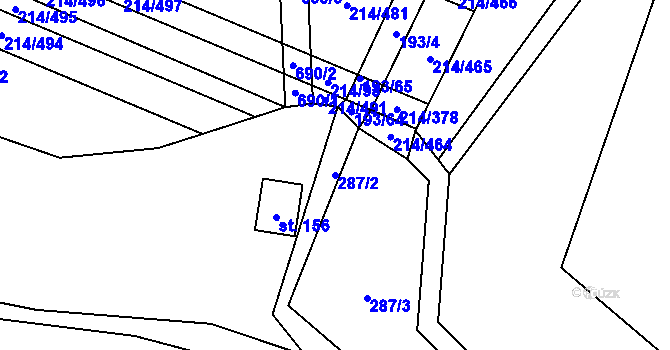 Parcela st. 287/2 v KÚ Křenůvky, Katastrální mapa