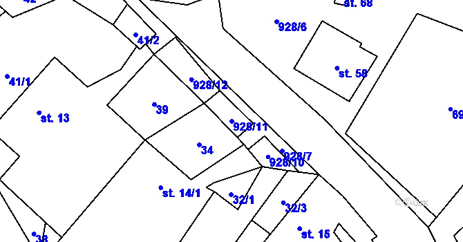 Parcela st. 928/11 v KÚ Mysletice, Katastrální mapa