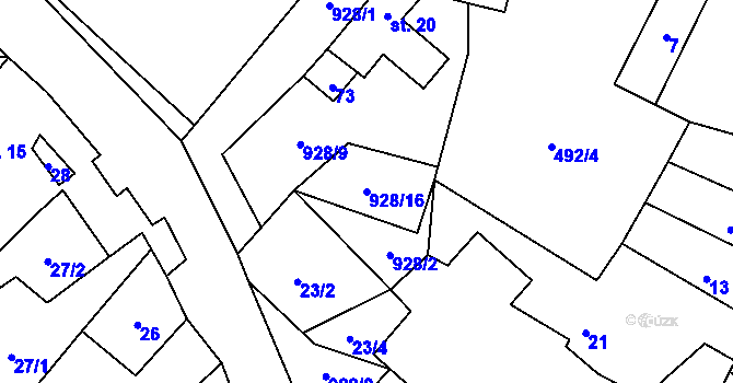 Parcela st. 928/16 v KÚ Mysletice, Katastrální mapa