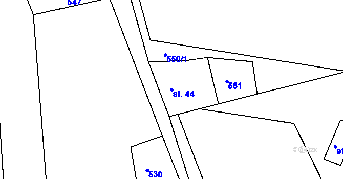 Parcela st. 44 v KÚ Mysletín, Katastrální mapa