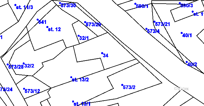 Parcela st. 34 v KÚ Mysletín, Katastrální mapa