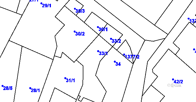 Parcela st. 33/1 v KÚ Myslibořice, Katastrální mapa
