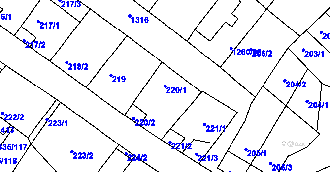 Parcela st. 220/1 v KÚ Myslibořice, Katastrální mapa