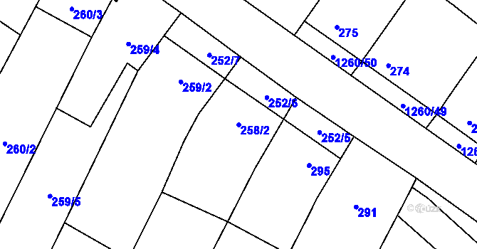 Parcela st. 258/2 v KÚ Myslibořice, Katastrální mapa