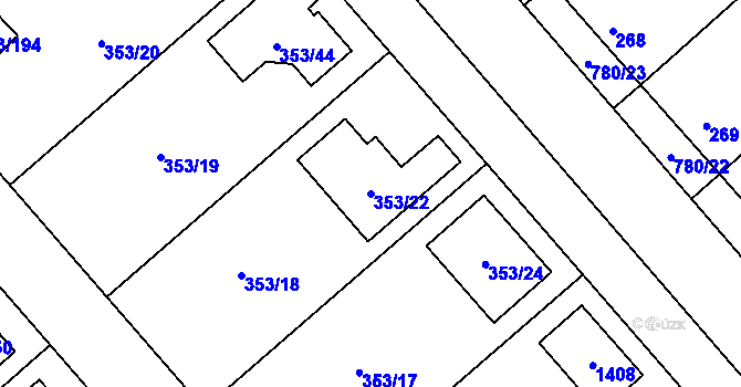 Parcela st. 353/22 v KÚ Myslibořice, Katastrální mapa