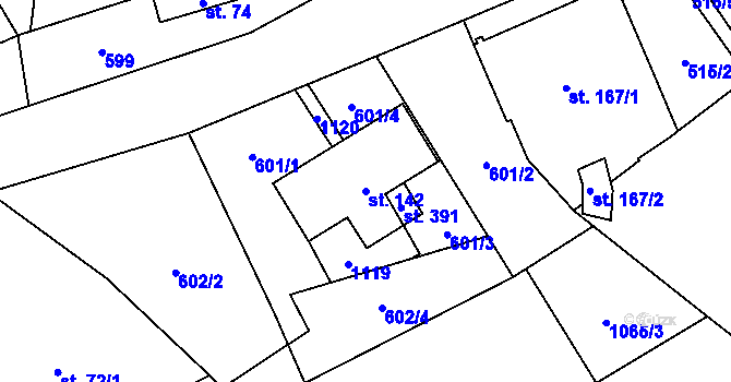 Parcela st. 142 v KÚ Myslík, Katastrální mapa