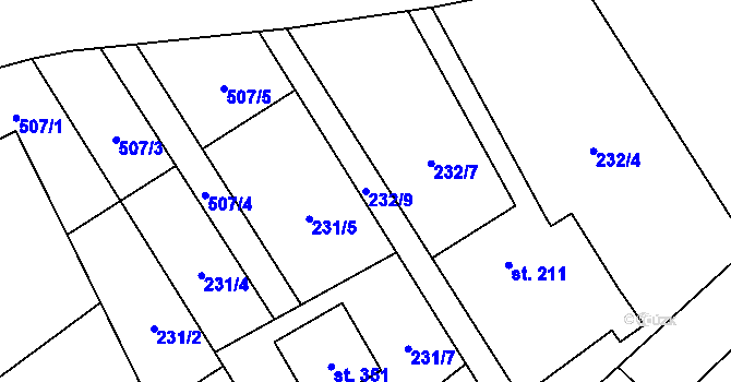 Parcela st. 232/9 v KÚ Myslík, Katastrální mapa