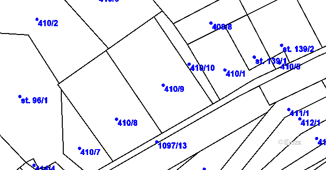 Parcela st. 410/9 v KÚ Myslík, Katastrální mapa