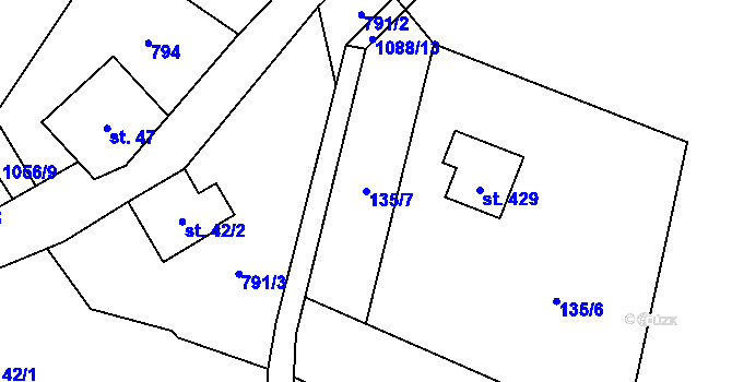 Parcela st. 135/7 v KÚ Myslík, Katastrální mapa