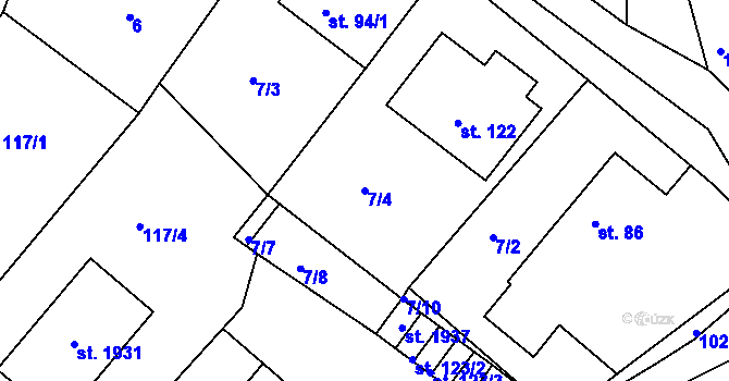 Parcela st. 7/4 v KÚ Myslív, Katastrální mapa