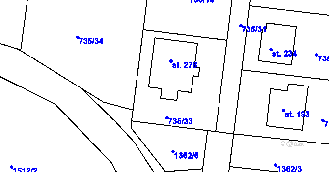 Parcela st. 735/33 v KÚ Myslkovice, Katastrální mapa