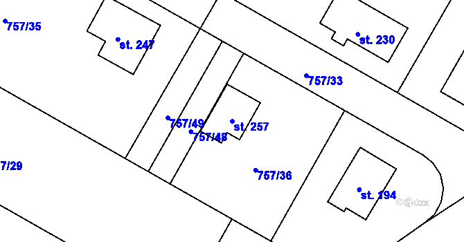 Parcela st. 257 v KÚ Myslkovice, Katastrální mapa