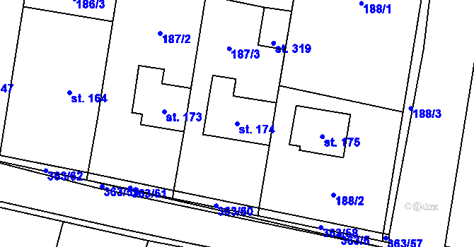 Parcela st. 174 v KÚ Mysločovice, Katastrální mapa