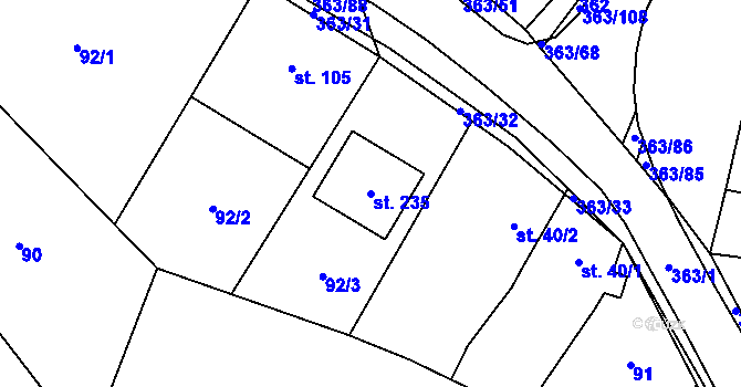 Parcela st. 235 v KÚ Mysločovice, Katastrální mapa