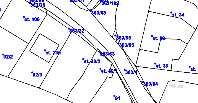Parcela st. 363/33 v KÚ Mysločovice, Katastrální mapa
