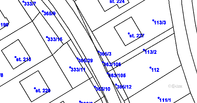 Parcela st. 365/3 v KÚ Mysločovice, Katastrální mapa