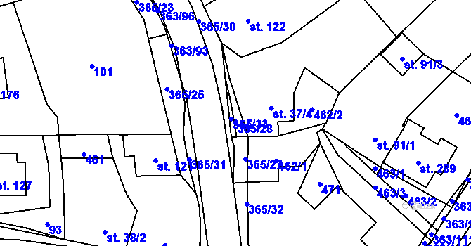 Parcela st. 365/28 v KÚ Mysločovice, Katastrální mapa