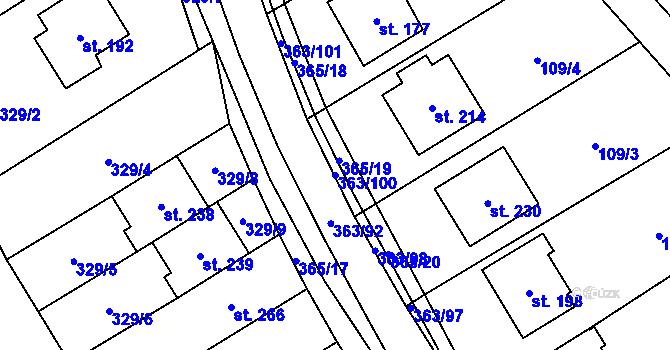 Parcela st. 363/100 v KÚ Mysločovice, Katastrální mapa