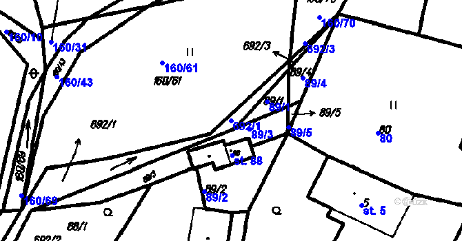 Parcela st. 692/1 v KÚ Myslovice, Katastrální mapa