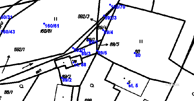 Parcela st. 89/5 v KÚ Myslovice, Katastrální mapa
