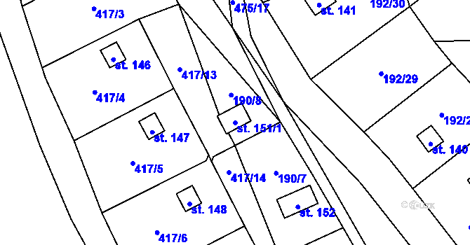 Parcela st. 151/1 v KÚ Myšenec, Katastrální mapa