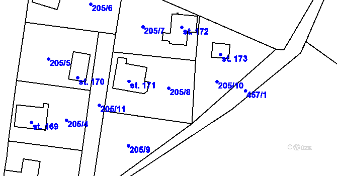 Parcela st. 205/8 v KÚ Myšenec, Katastrální mapa