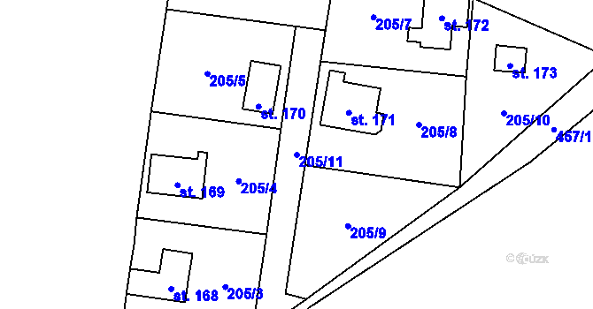 Parcela st. 205/11 v KÚ Myšenec, Katastrální mapa